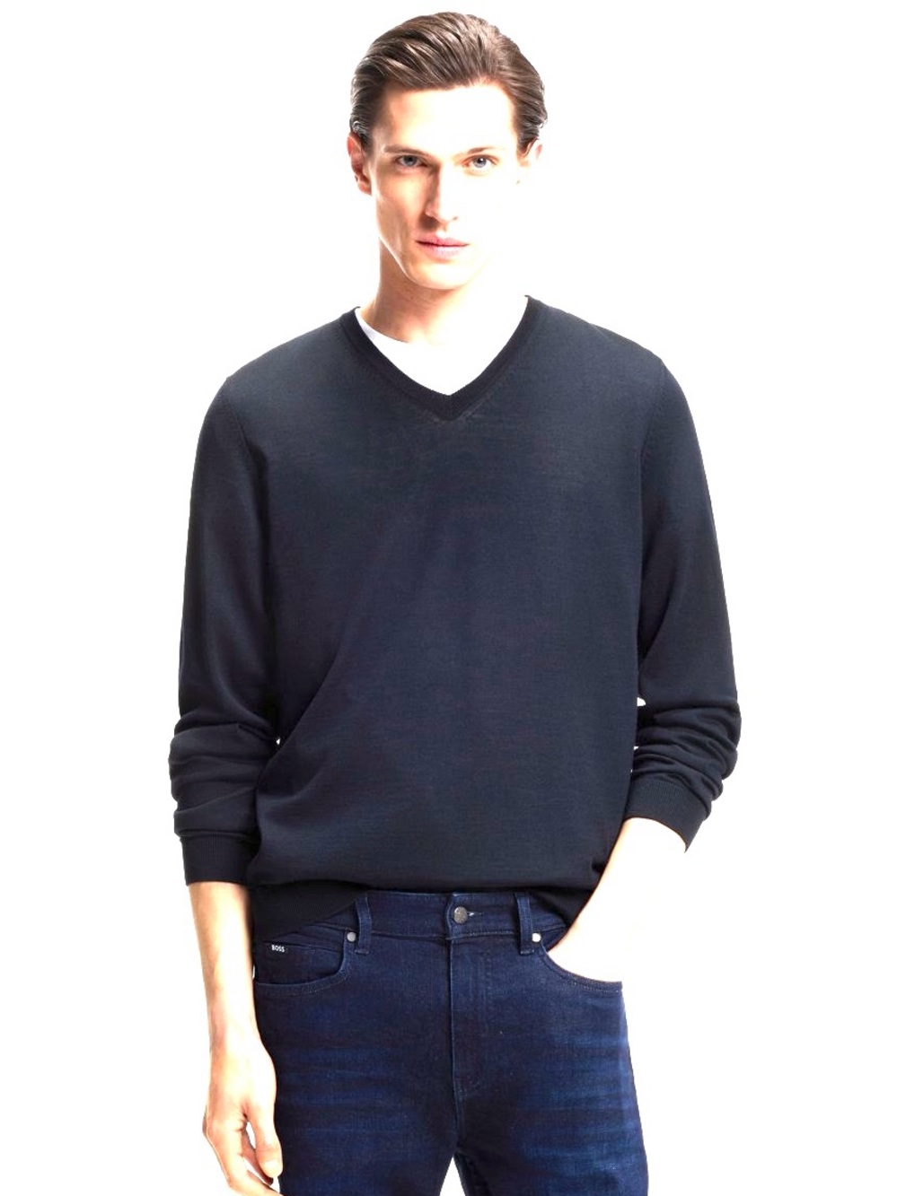 HUGO BOSS SIZE L~MEN’S SLIM FIT EXTRA FINE MERINO VIRGIN WOOL V-NECK SWEATER BLU